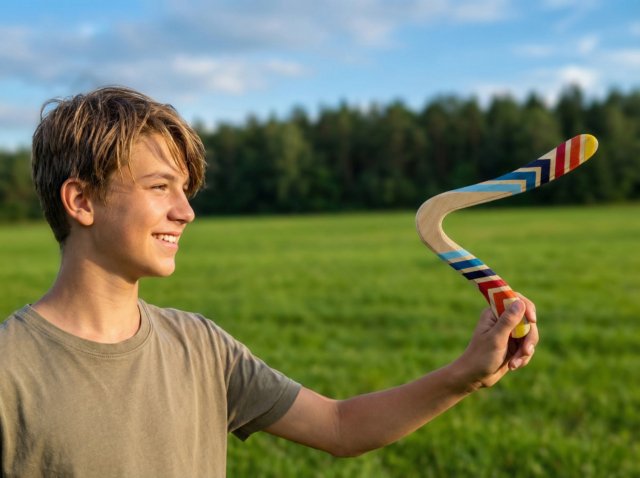 Paauglys-su-bumerangu-Vejas-pievoje Paauglys berniukas šypsosi laikydamas bumerangą „Vėjas“ žalioje pievoje.
