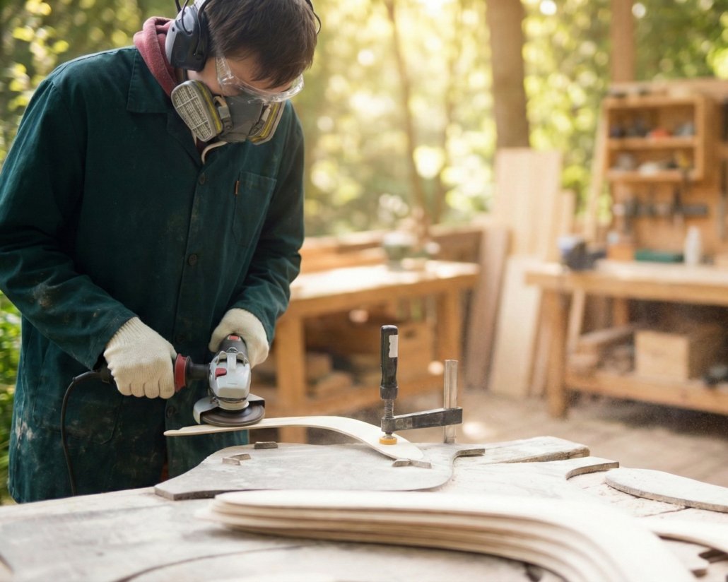 Meistras su apsauginėmis priemonėmis šlifuoja medinį bumerangą dirbtuvėse – rankų darbo gamybos procesas.